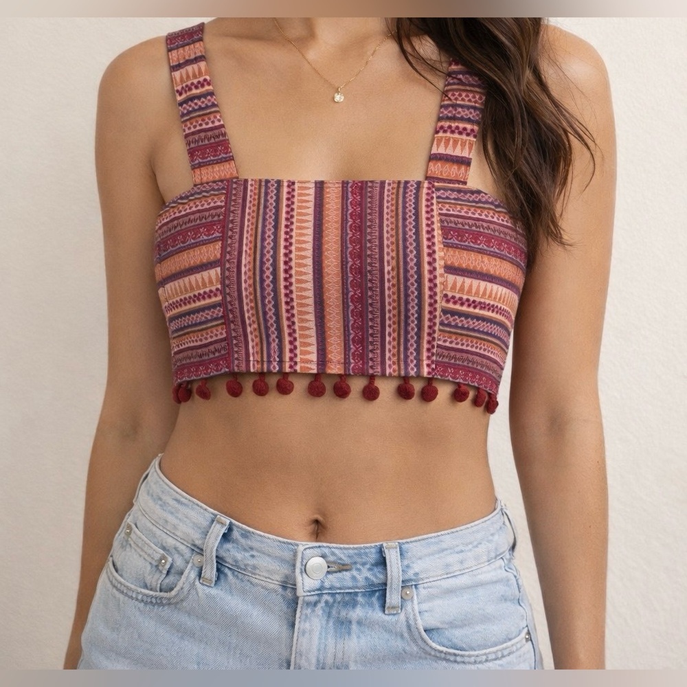 Cider Tribal Print Festival Red & Pink Sleeveless Crop Tank Top Size S